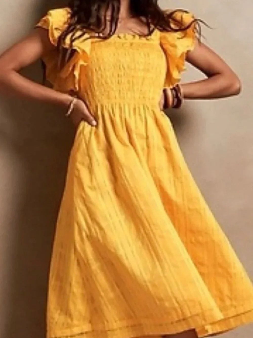 Banana Republic Yellow Ruffle Sleeve Smocked Midi Dress Sz 16 Tall
